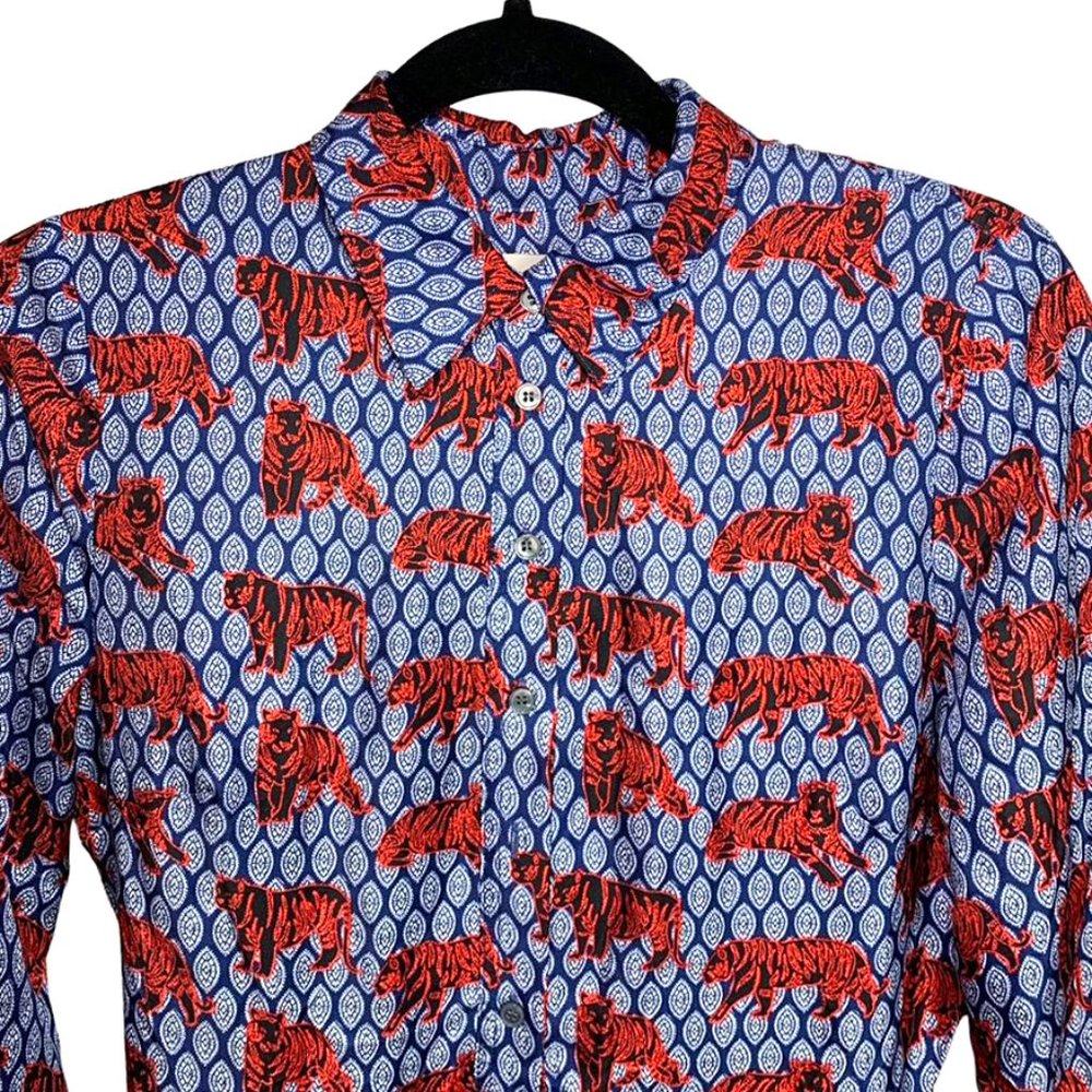 *SOLD* J. CREW COLLECTION BLUE ROAMING TIGER Silk Button Down Shirtdress - Picture 5 of 9